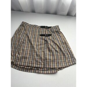 No Comment NY LA Women's Plaid Pleated Skirt Size L Buckle Detail Casual